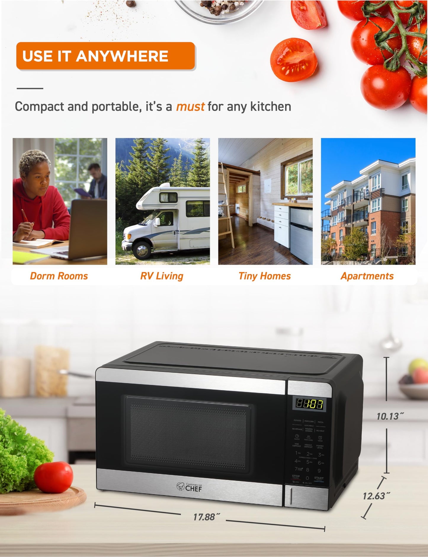 Commercial Chef CHM770SS Countertop Microwave Oven, 0.7 Cubic feet, Stainless Steel, Condition: New