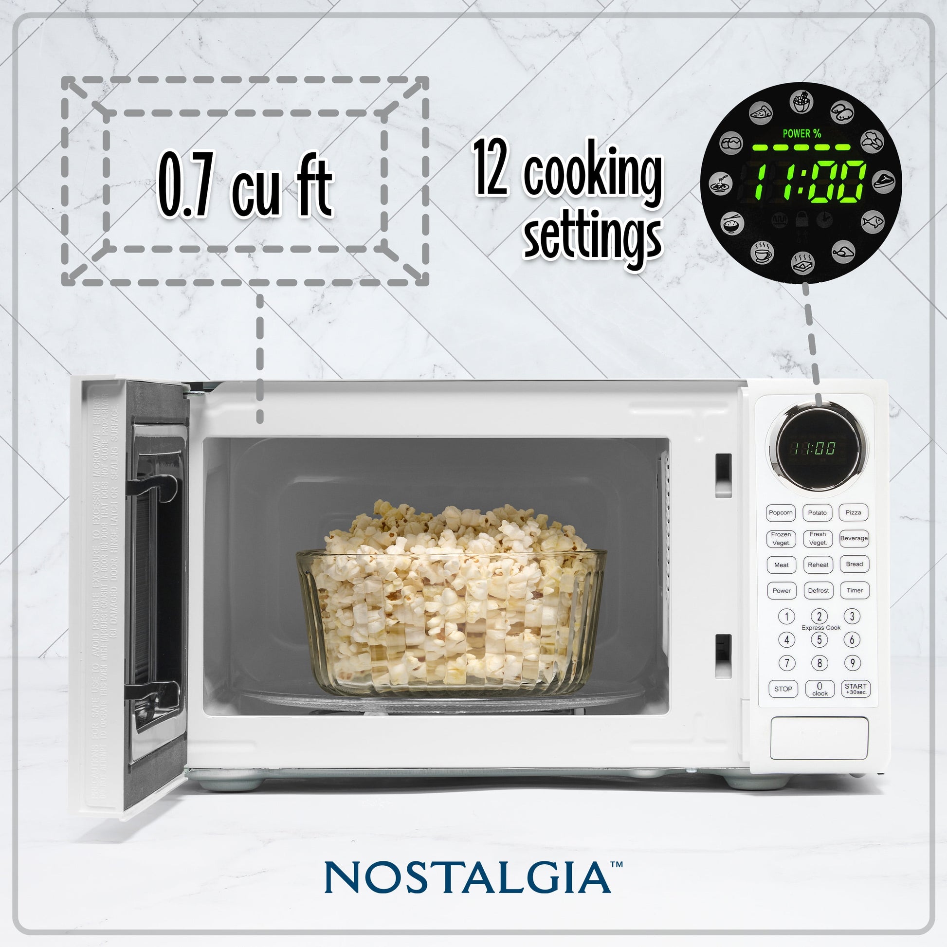 Nostalgia 0.7 Cu. ft. Modern Retro Countertop Microwave Oven and Accessory Bundle, White