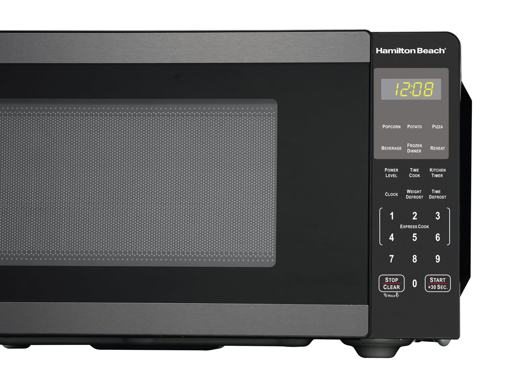 Hamilton Beach 0.9 Cu ft Countertop Microwave Oven, 900 Watts, Black Stainless Steel, New