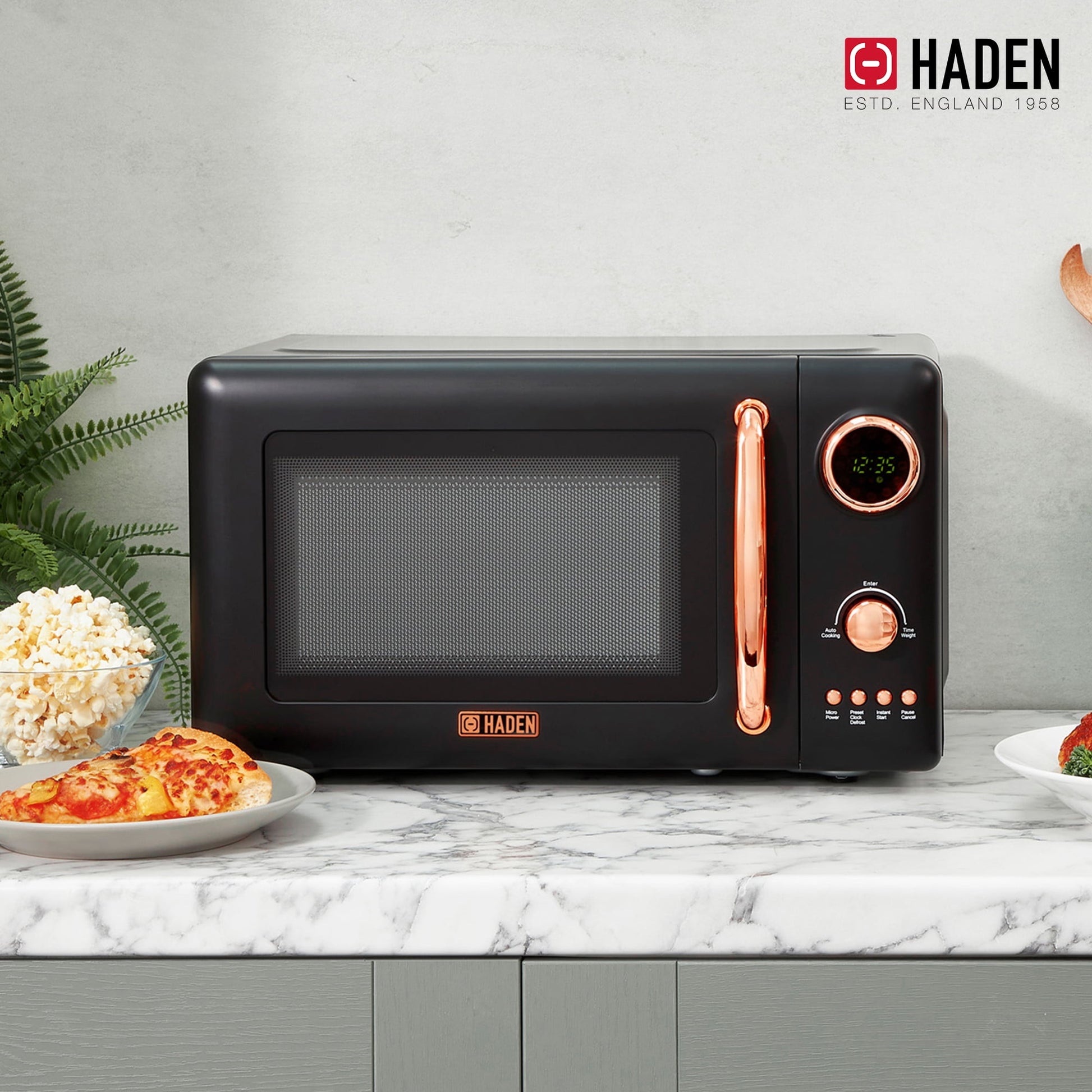 Haden 700W 0.7 Cubic Foot Microwave Oven w/ Digital Controls, Black/Copper