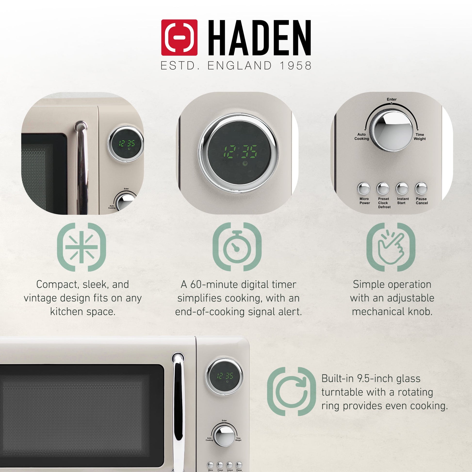 Haden 700W 0.7 Cubic Foot Microwave Oven w/ Digital Controls, Putty/Chrome