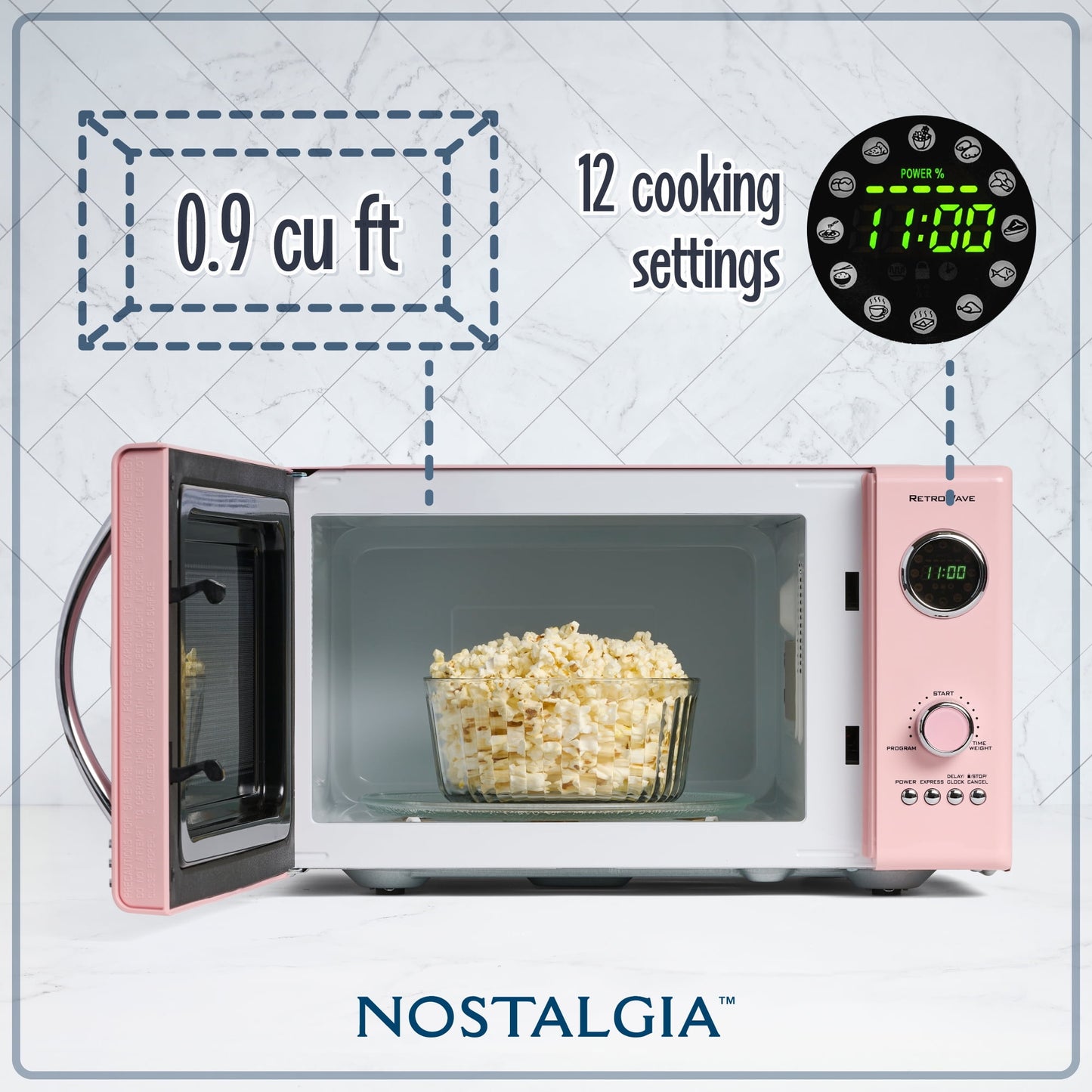 Nostalgia Retro Countertop Microwave Oven - Large 800-Watt - 0.9 cu ft - 12 Pre-Programmed Cooking Settings - Digital Clock - Kitchen Appliances - Pink