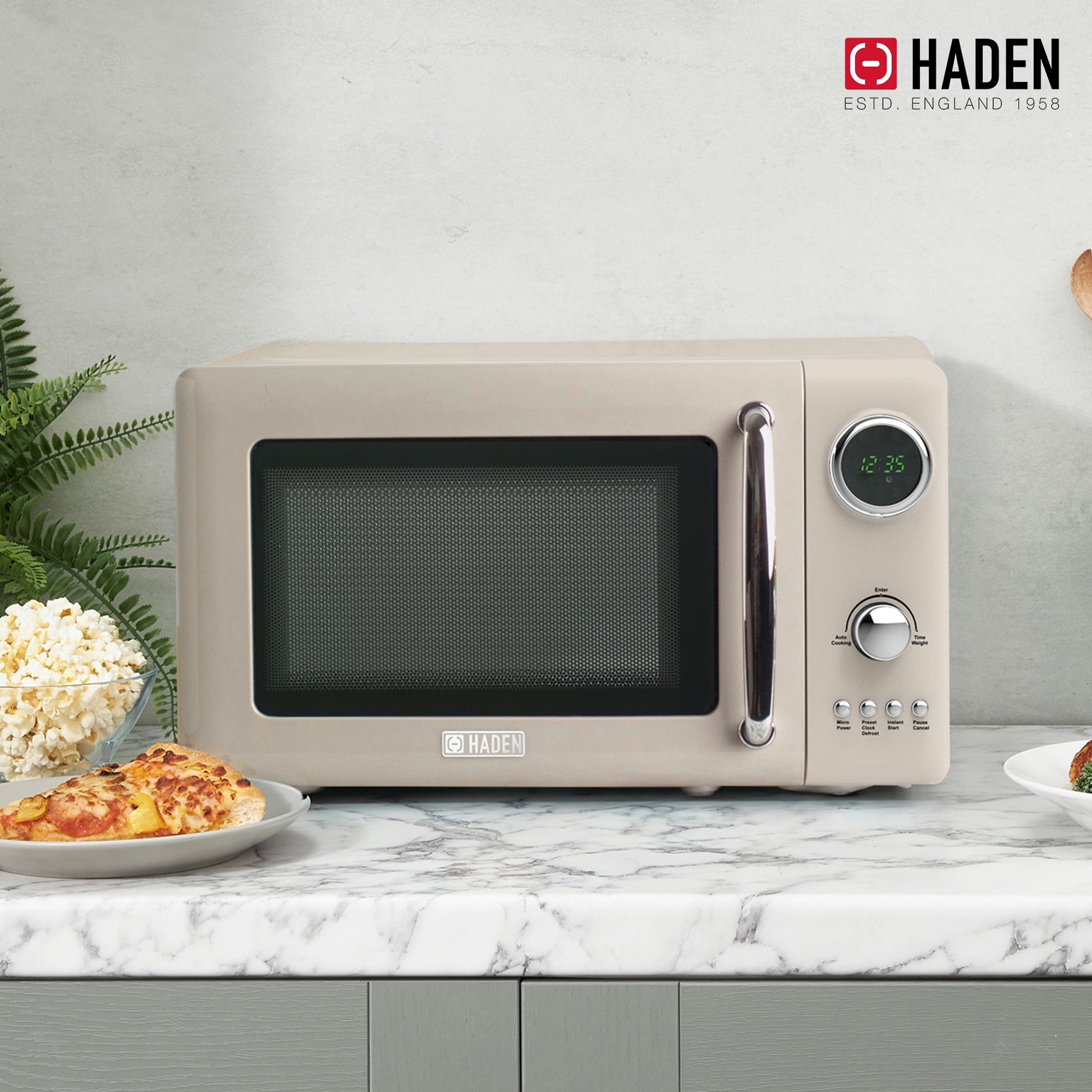 Haden 700W 0.7 Cubic Foot Microwave Oven w/ Digital Controls, Putty/Chrome