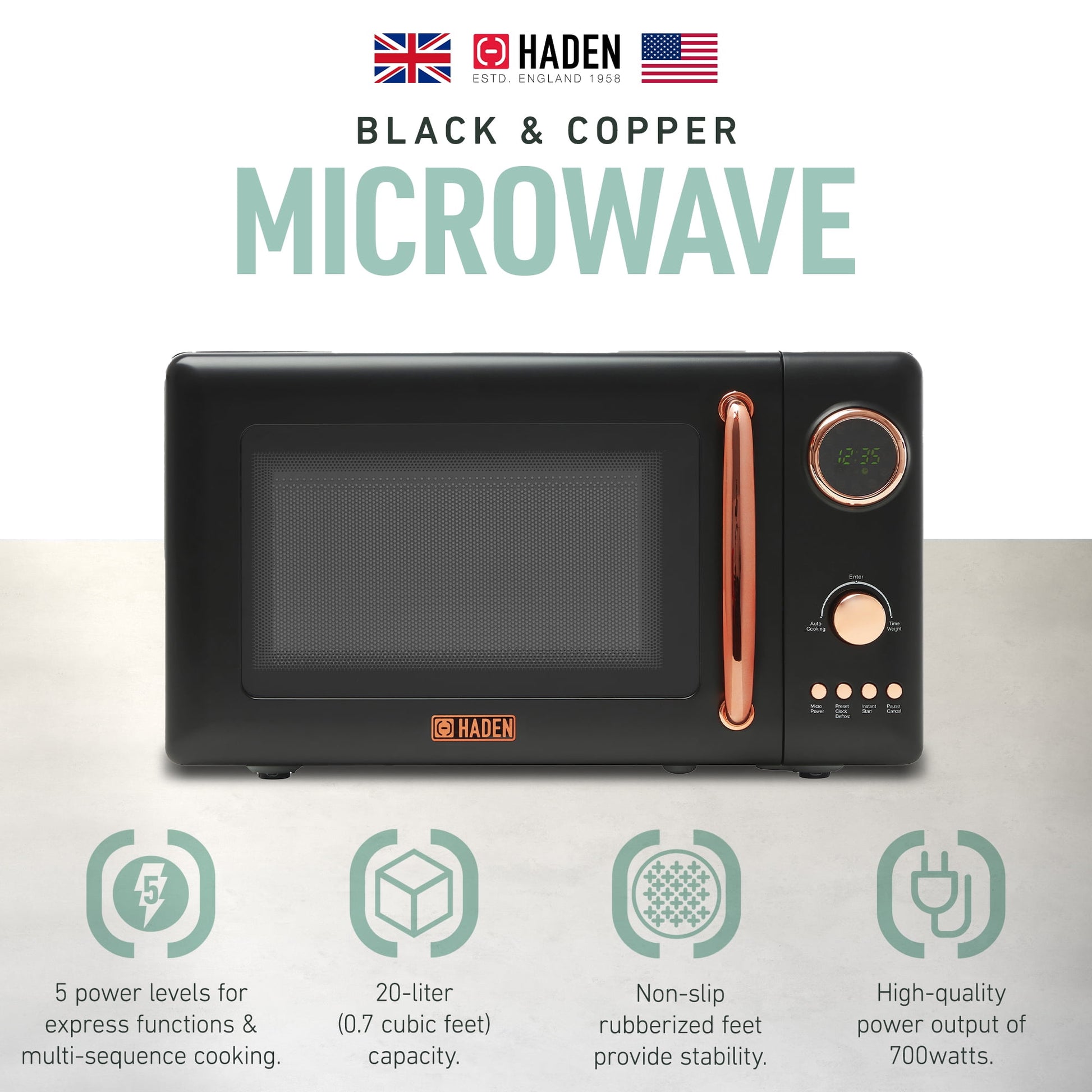 Haden 700W 0.7 Cubic Foot Microwave Oven w/ Digital Controls, Black/Copper