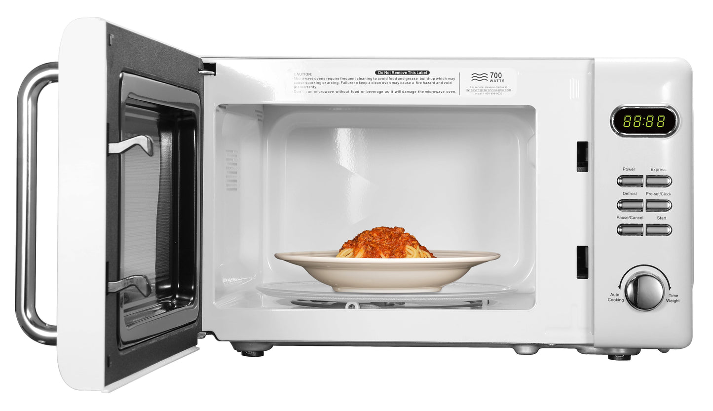 Emerson 0.7 Cu Ft, 700W White Retro Countertop Microwave Oven, MWR7020W