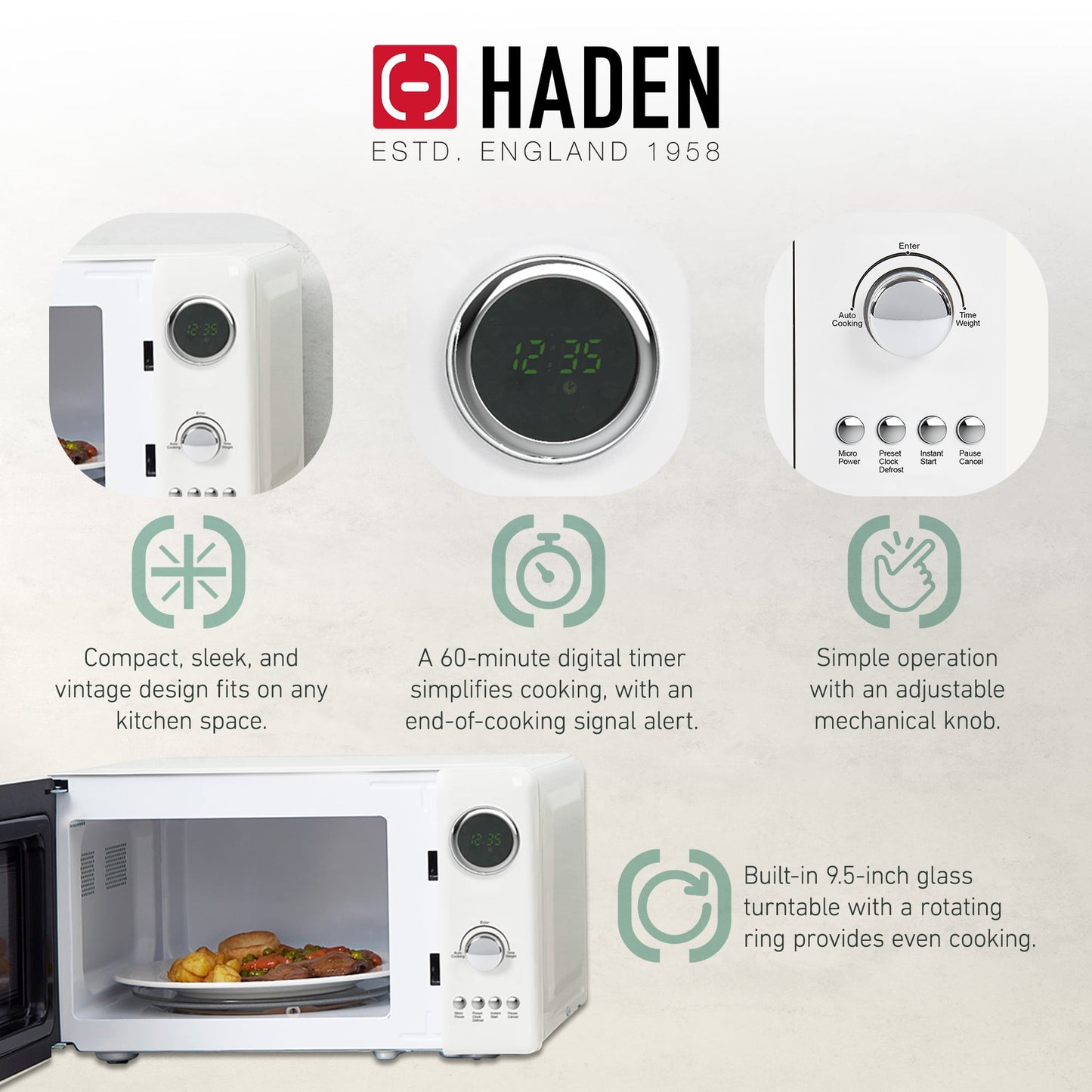 Haden 700W 0.7 Cubic Foot Microwave Oven w/ Digital Controls, Ivory/Chrome