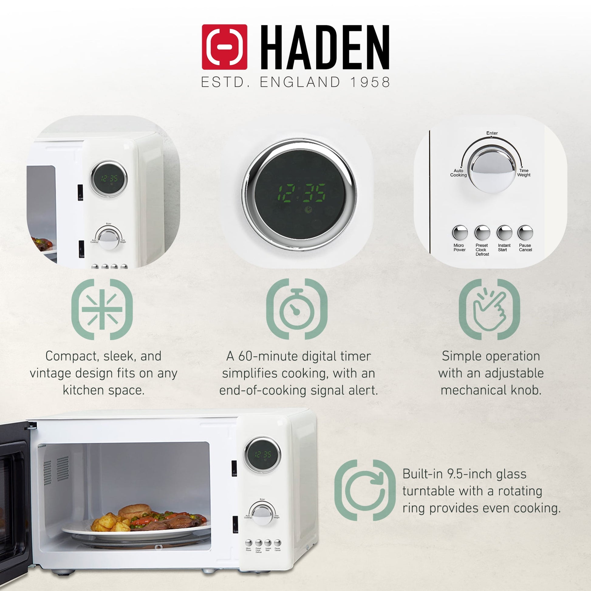 Haden 700W 0.7 Cubic Foot Microwave Oven w/ Digital Controls, Ivory/Chrome