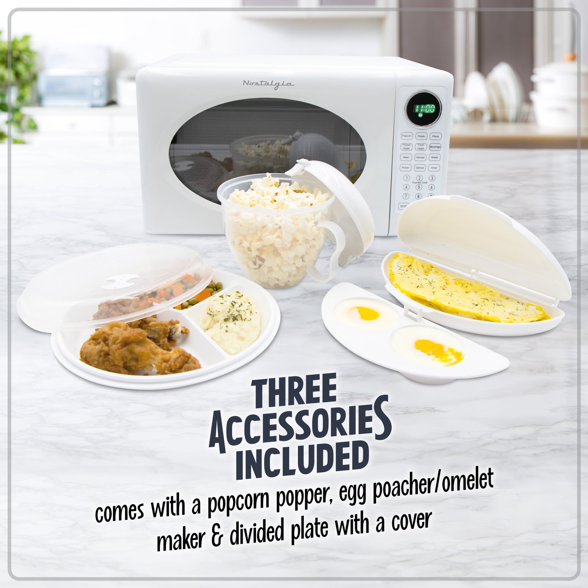 Nostalgia 0.7 Cu. ft. Modern Retro Countertop Microwave Oven and Accessory Bundle, White