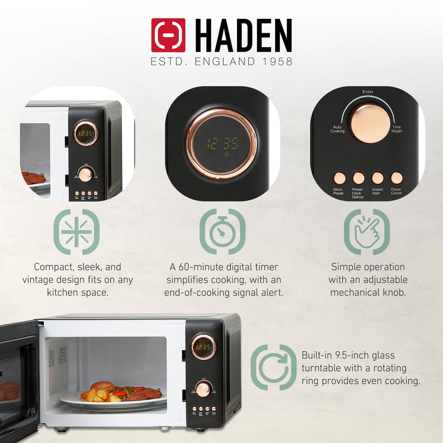 Haden 700W 0.7 Cubic Foot Microwave Oven w/ Digital Controls, Black/Copper