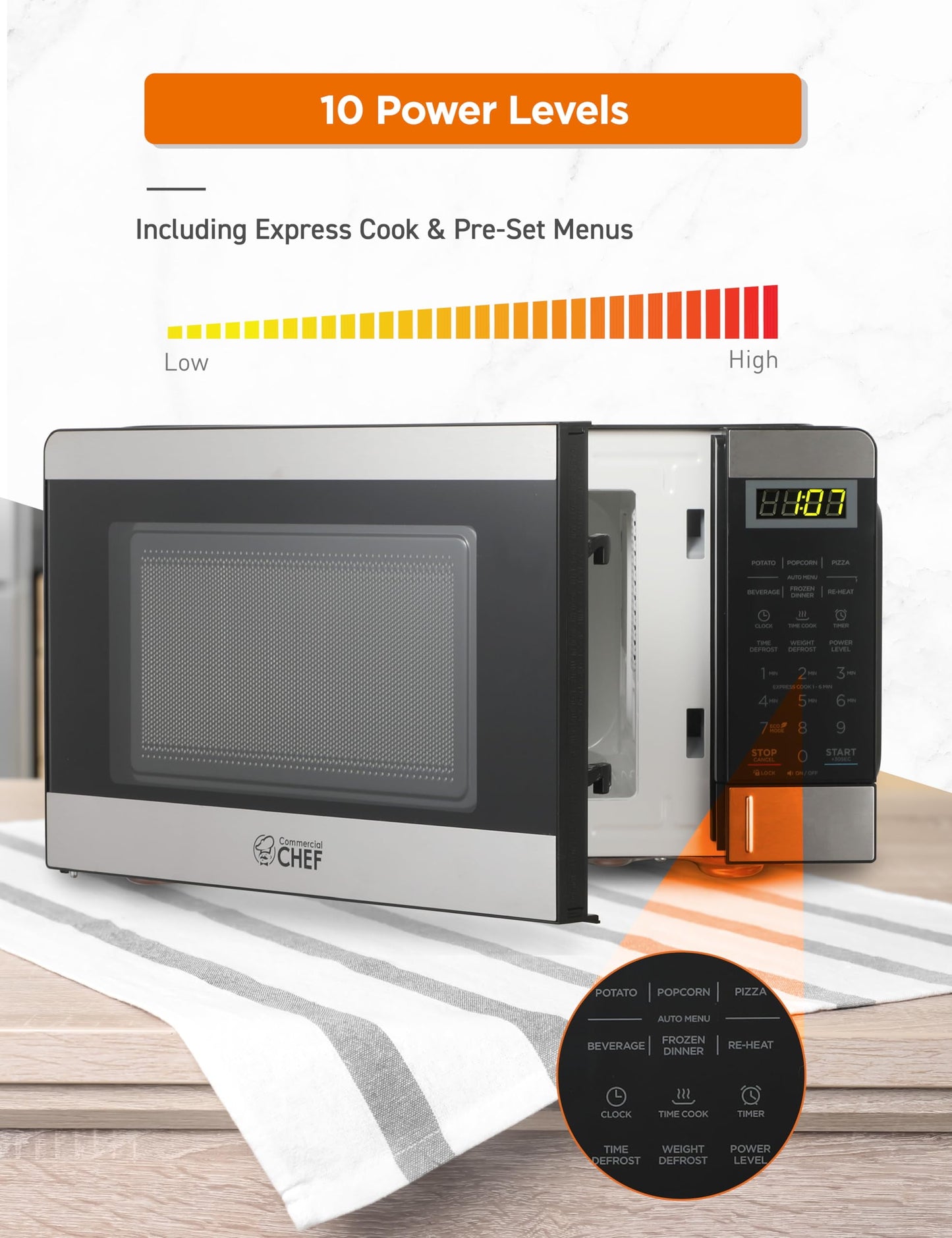 Commercial Chef CHM770SS Countertop Microwave Oven, 0.7 Cubic feet, Stainless Steel, Condition: New