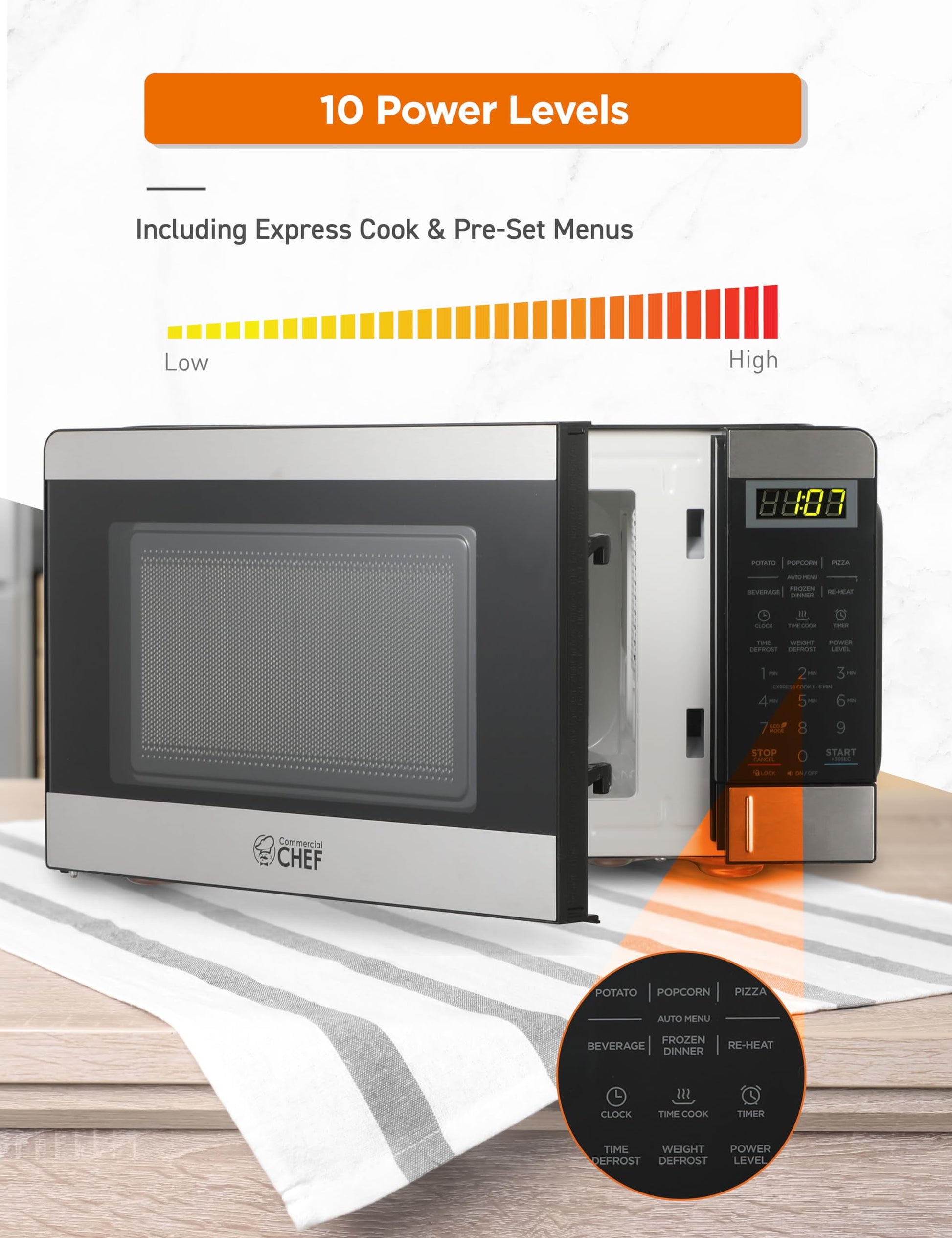 Commercial Chef CHM770SS Countertop Microwave Oven, 0.7 Cubic feet, Stainless Steel, Condition: New
