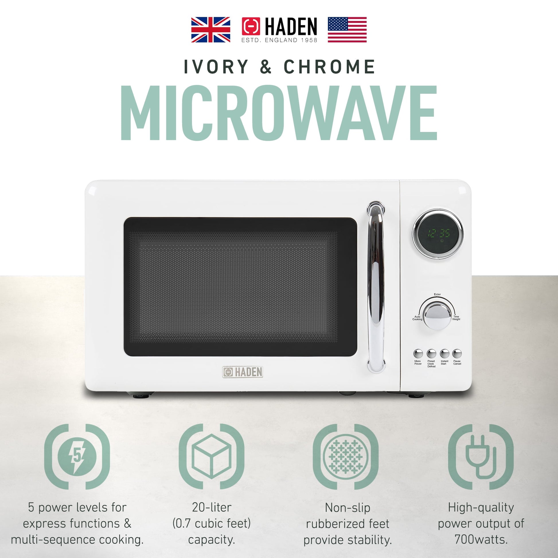 Haden 700W 0.7 Cubic Foot Microwave Oven w/ Digital Controls, Ivory/Chrome