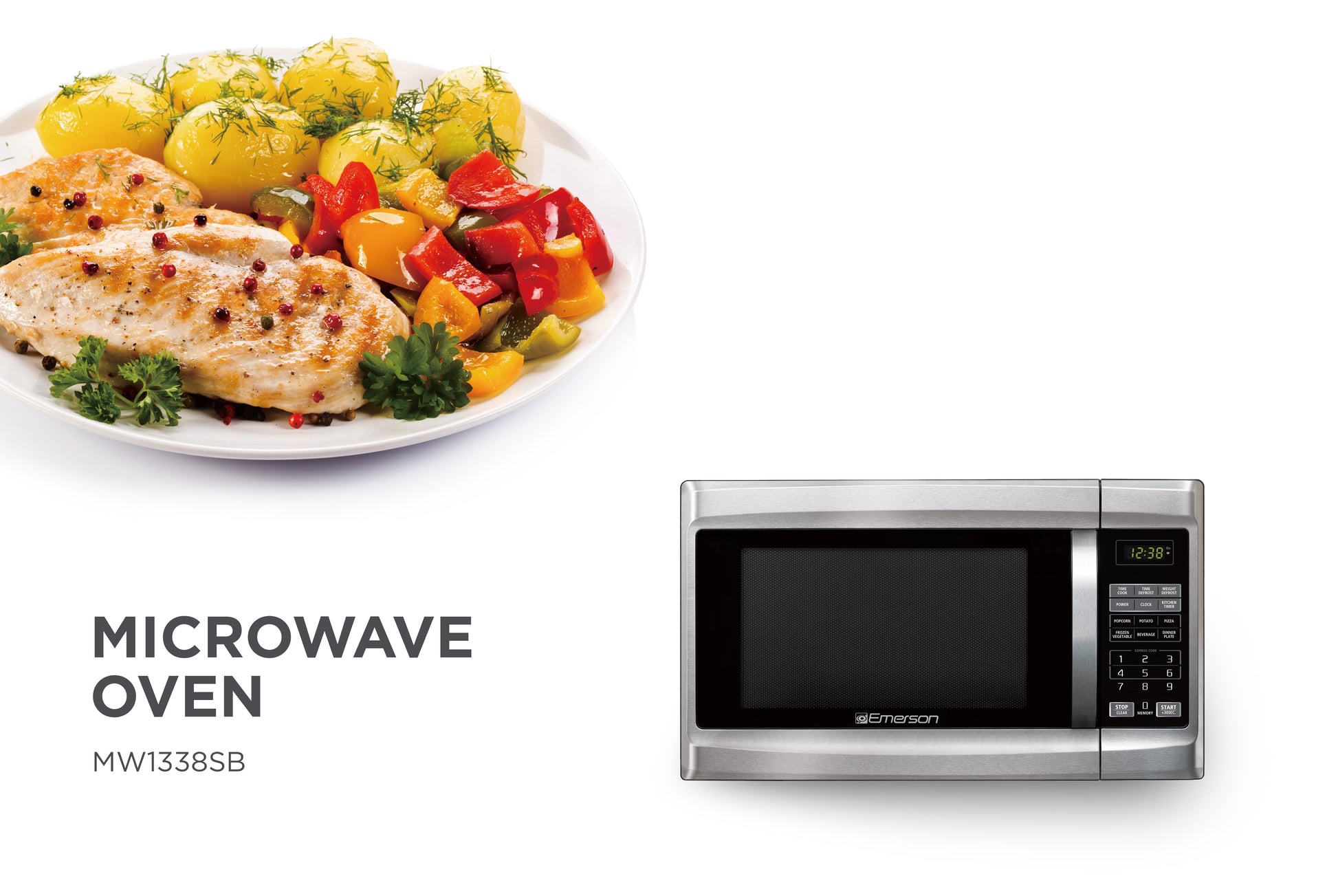Emerson 1.3 Cu Ft 1000 Watt, Touch Control Microwave Oven, Stainless Steel/Black, MW1338SB