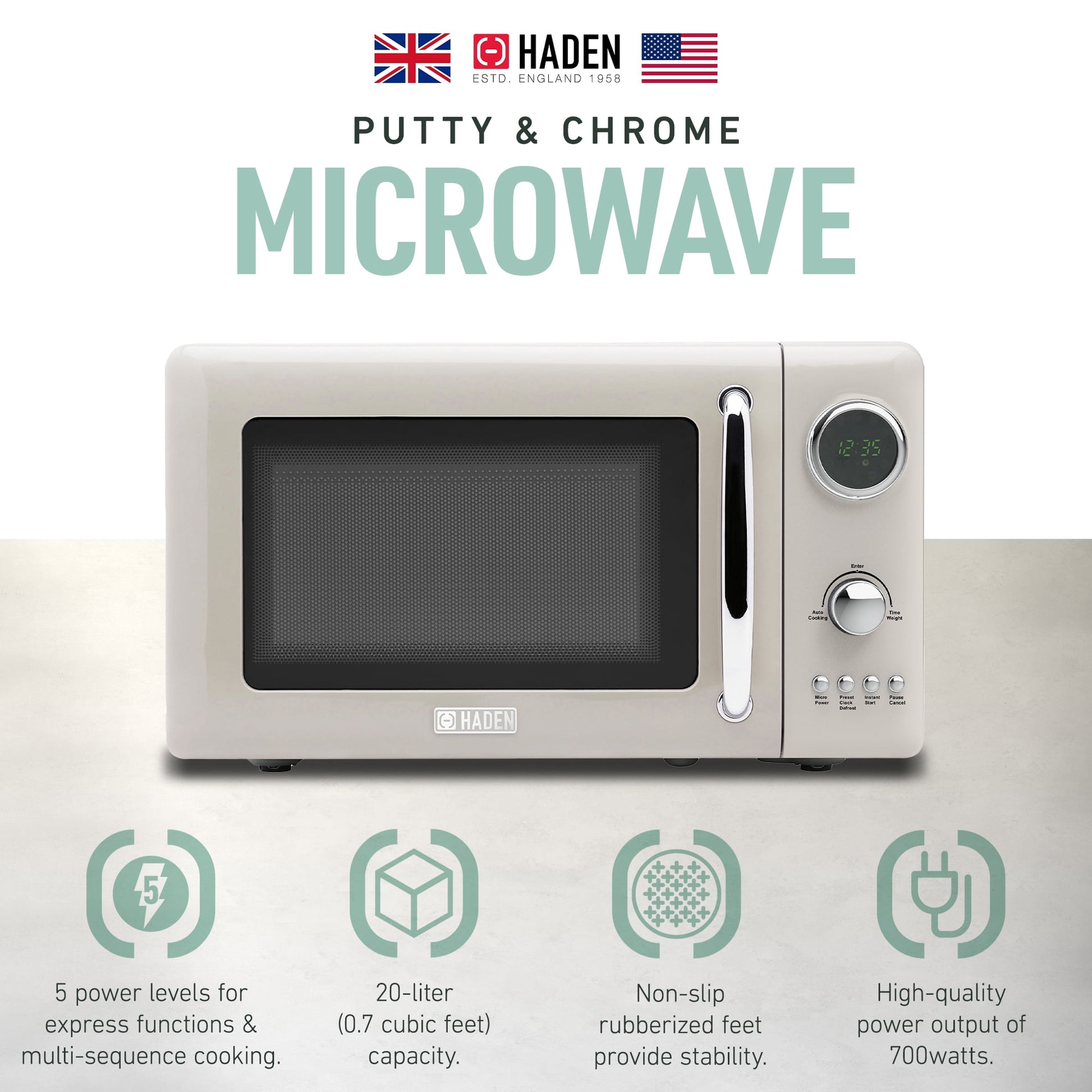 Haden 700W 0.7 Cubic Foot Microwave Oven w/ Digital Controls, Putty/Chrome