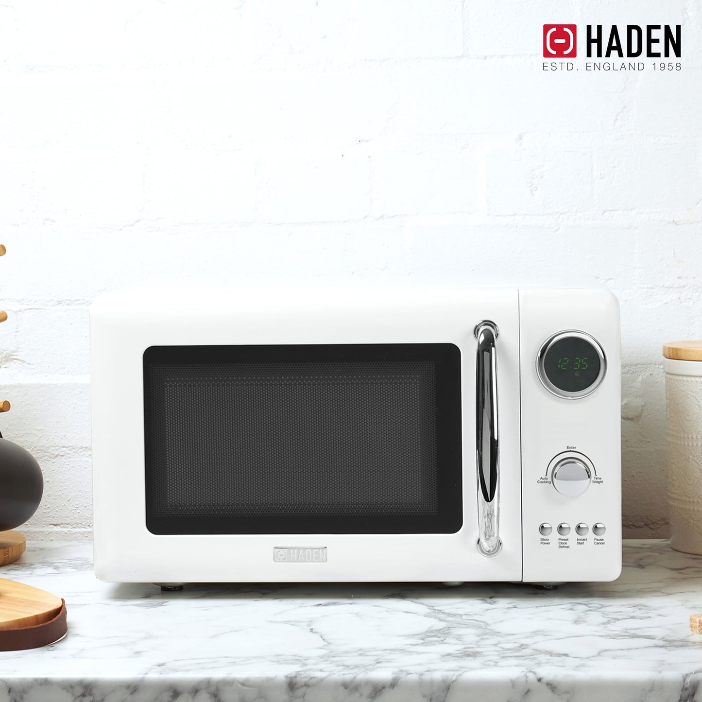 Haden 700W 0.7 Cubic Foot Microwave Oven w/ Digital Controls, Ivory/Chrome