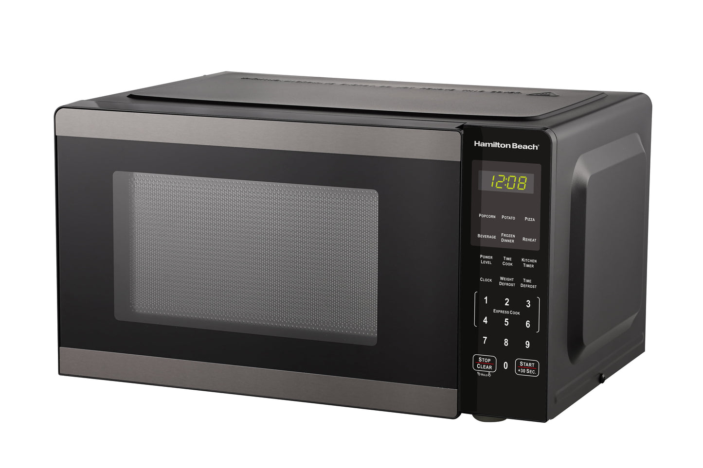 Hamilton Beach 0.9 Cu ft Countertop Microwave Oven, 900 Watts, Black Stainless Steel, New