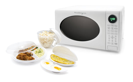 Nostalgia 0.7 Cu. ft. Modern Retro Countertop Microwave Oven and Accessory Bundle, White