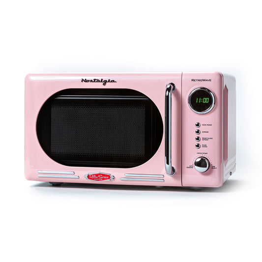 Nostalgia Retro Compact Countertop Microwave Oven - 0.7 Cu. Ft. - 700-Watts with LED Digital Display - Child Lock - Easy Clean Interior - Pink