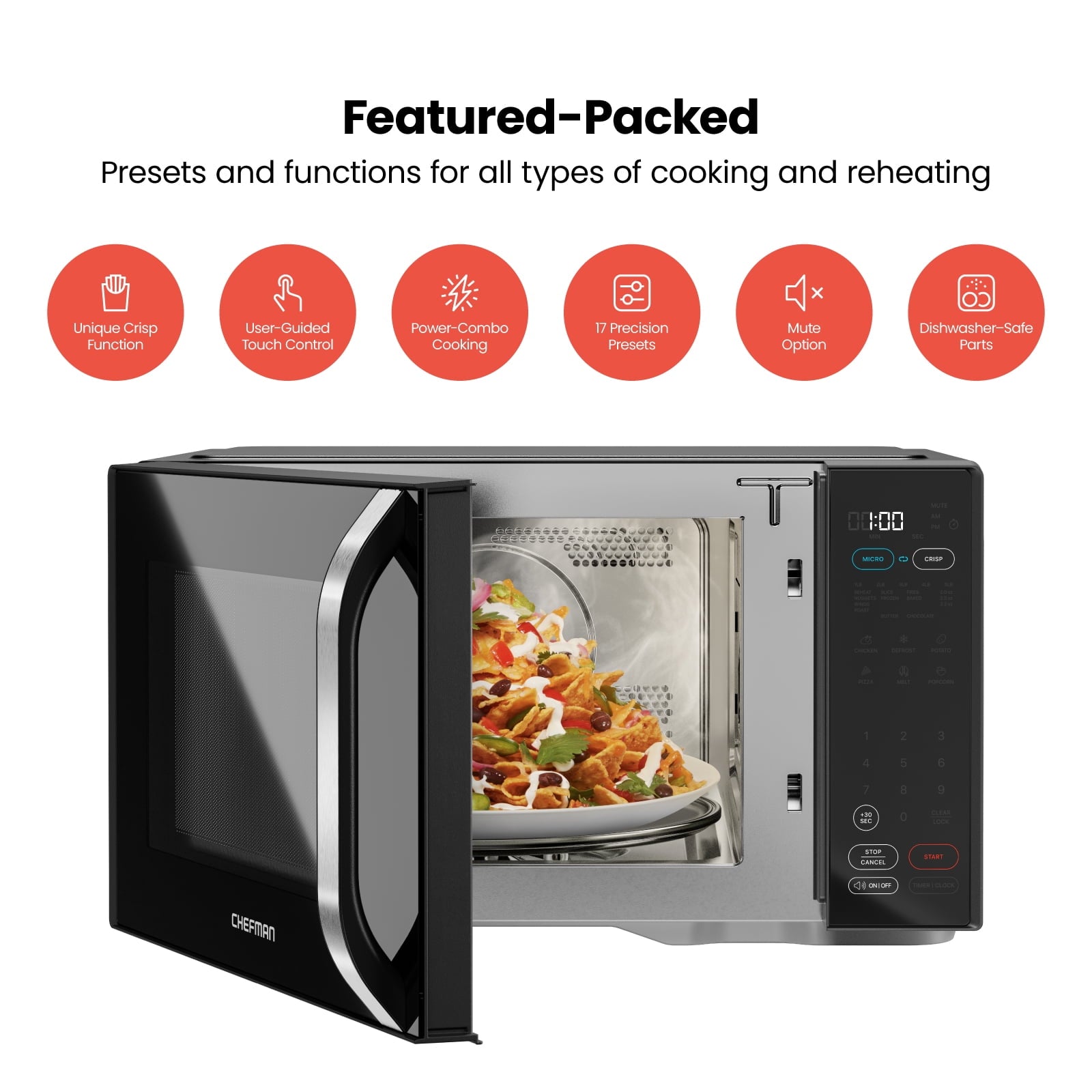 Chefman Microcrisp 1.1 cu. ft. Countertop Microwave Oven + Crisper, 1800 Watts - Black