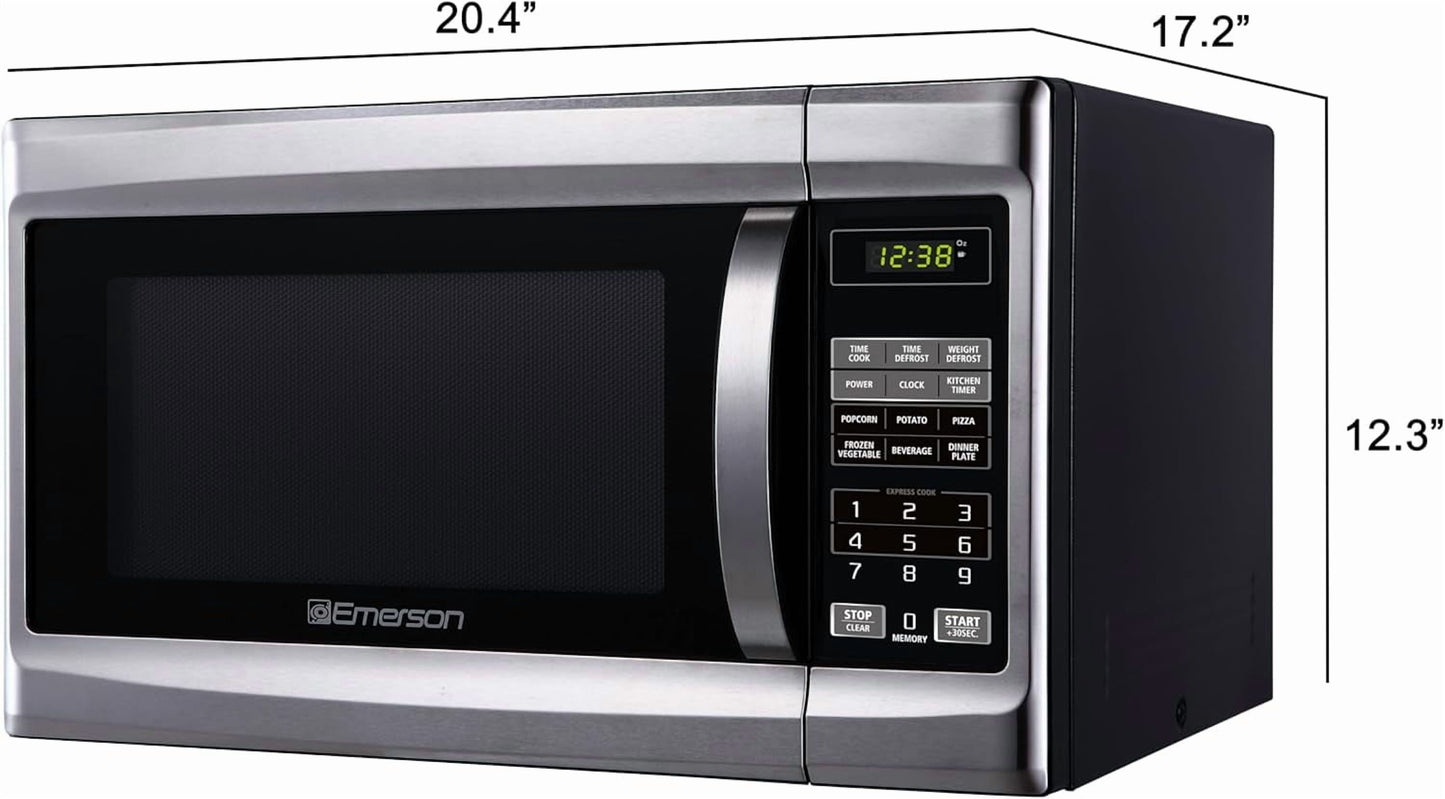 Emerson 1.3 Cu Ft 1000 Watt, Touch Control Microwave Oven, Stainless Steel/Black, MW1338SB