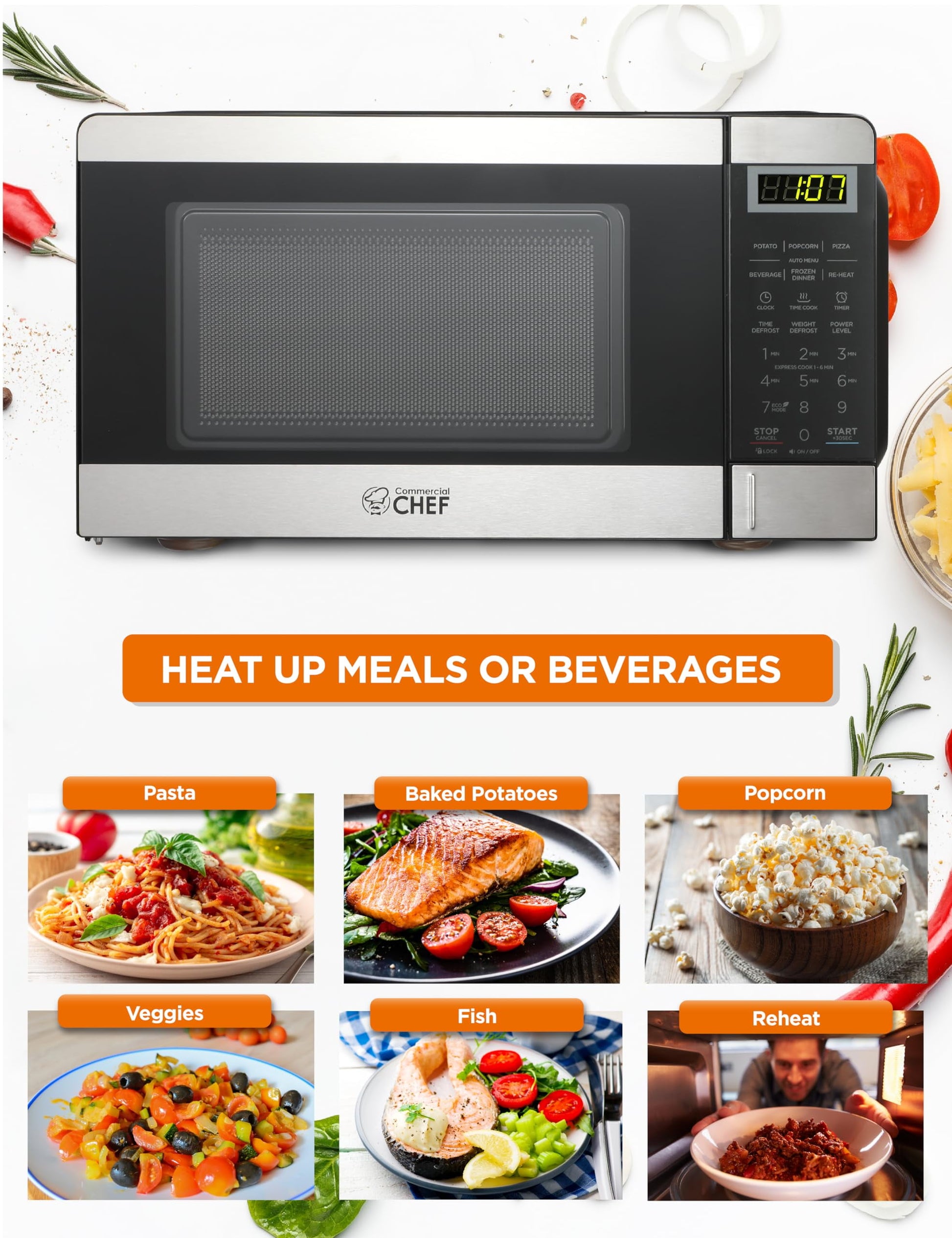 Commercial Chef CHM770SS Countertop Microwave Oven, 0.7 Cubic feet, Stainless Steel, Condition: New