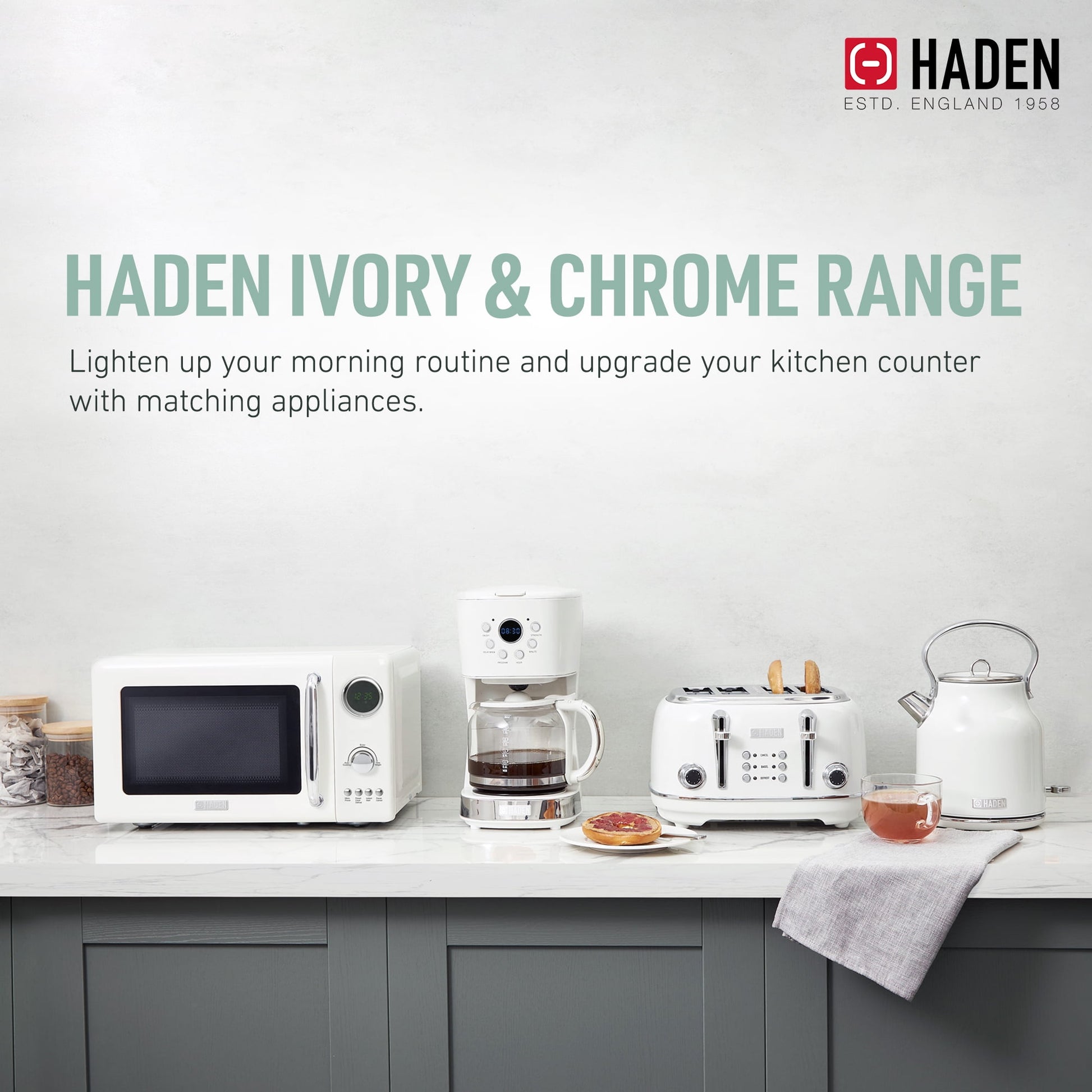 Haden 700W 0.7 Cubic Foot Microwave Oven w/ Digital Controls, Ivory/Chrome
