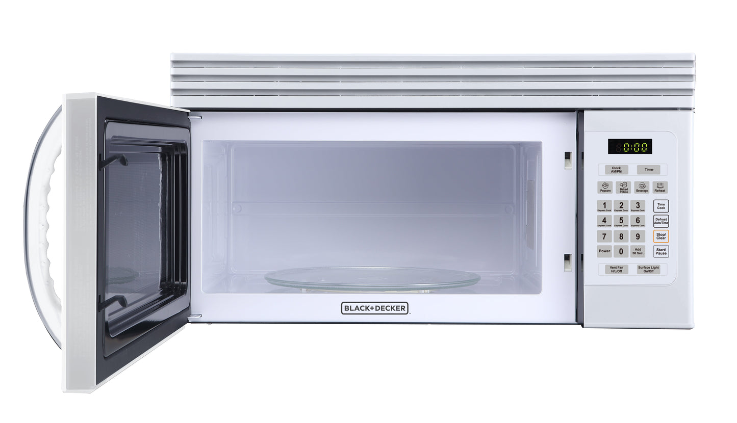 Black+Decker EM044KJNP10A 1.6-Cu. Ft. Over-the-Range Microwave with Top Mount Air Recirculation Vent, White