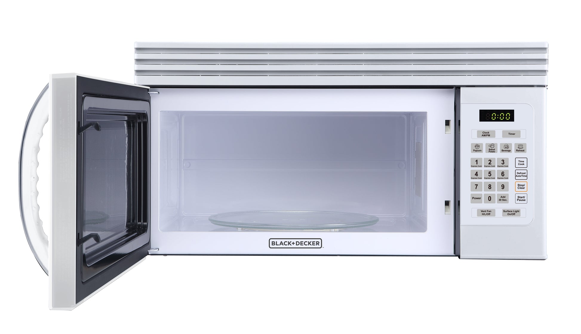 Black+Decker EM044KJNP10A 1.6-Cu. Ft. Over-the-Range Microwave with Top Mount Air Recirculation Vent, White