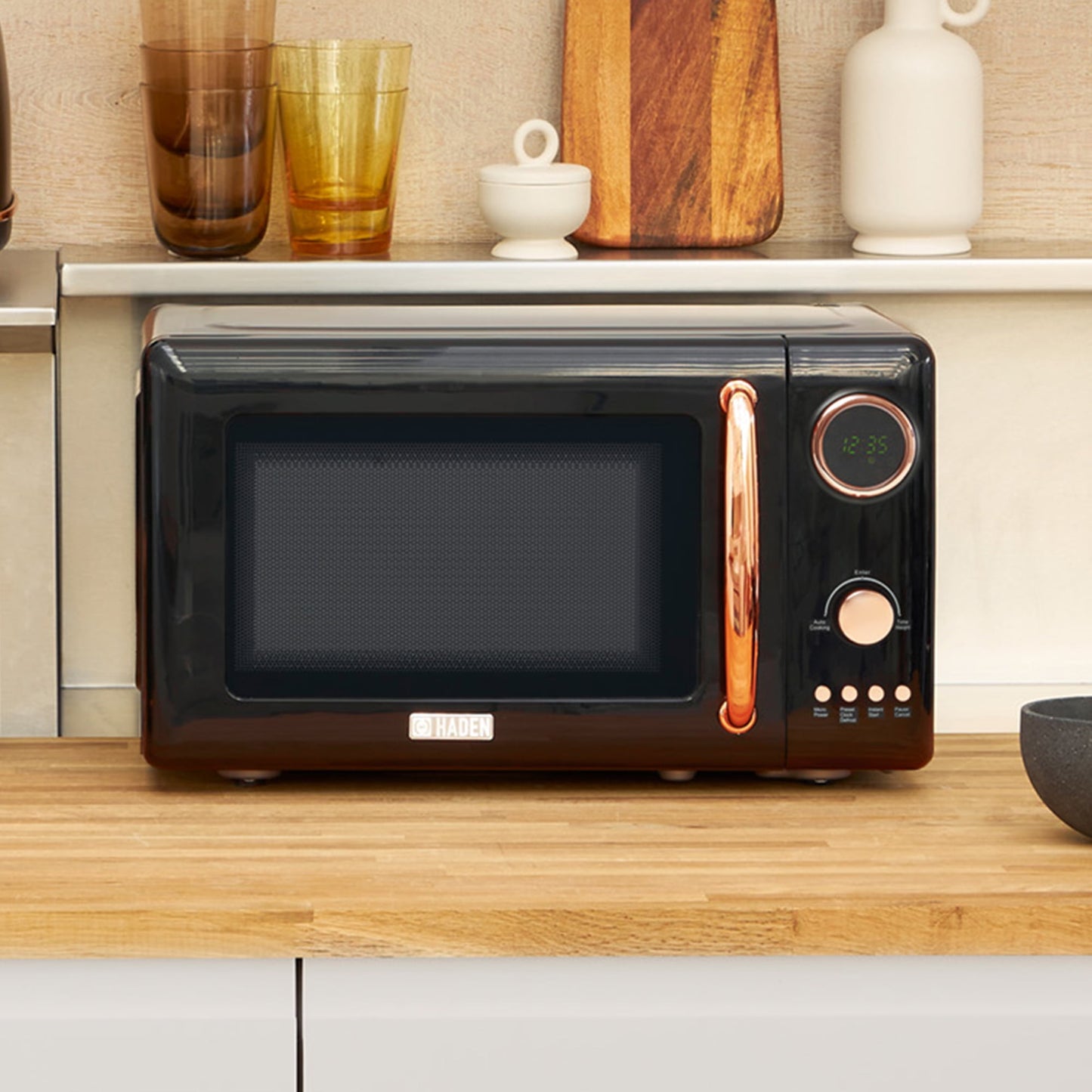 Haden 700W 0.7 Cubic Foot Microwave Oven w/ Digital Controls, Black/Copper