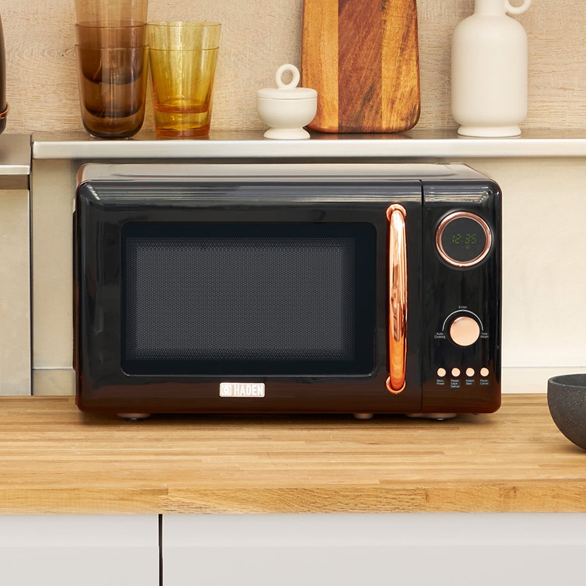 Haden 700W 0.7 Cubic Foot Microwave Oven w/ Digital Controls, Black/Copper