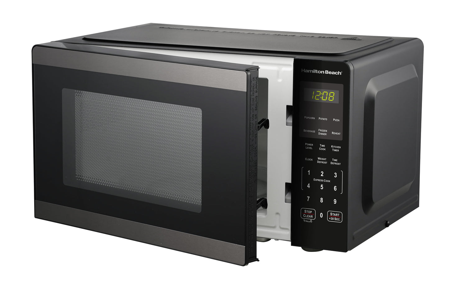 Hamilton Beach 0.9 Cu ft Countertop Microwave Oven, 900 Watts, Black Stainless Steel, New