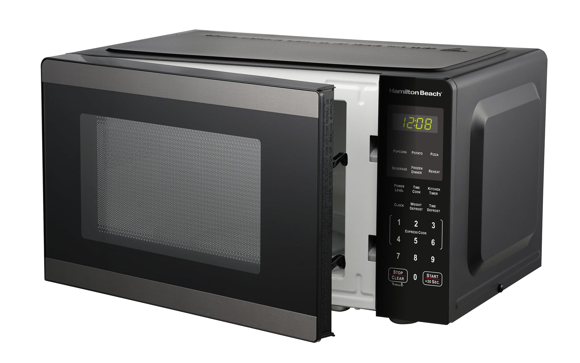 Hamilton Beach 0.9 Cu ft Countertop Microwave Oven, 900 Watts, Black Stainless Steel, New