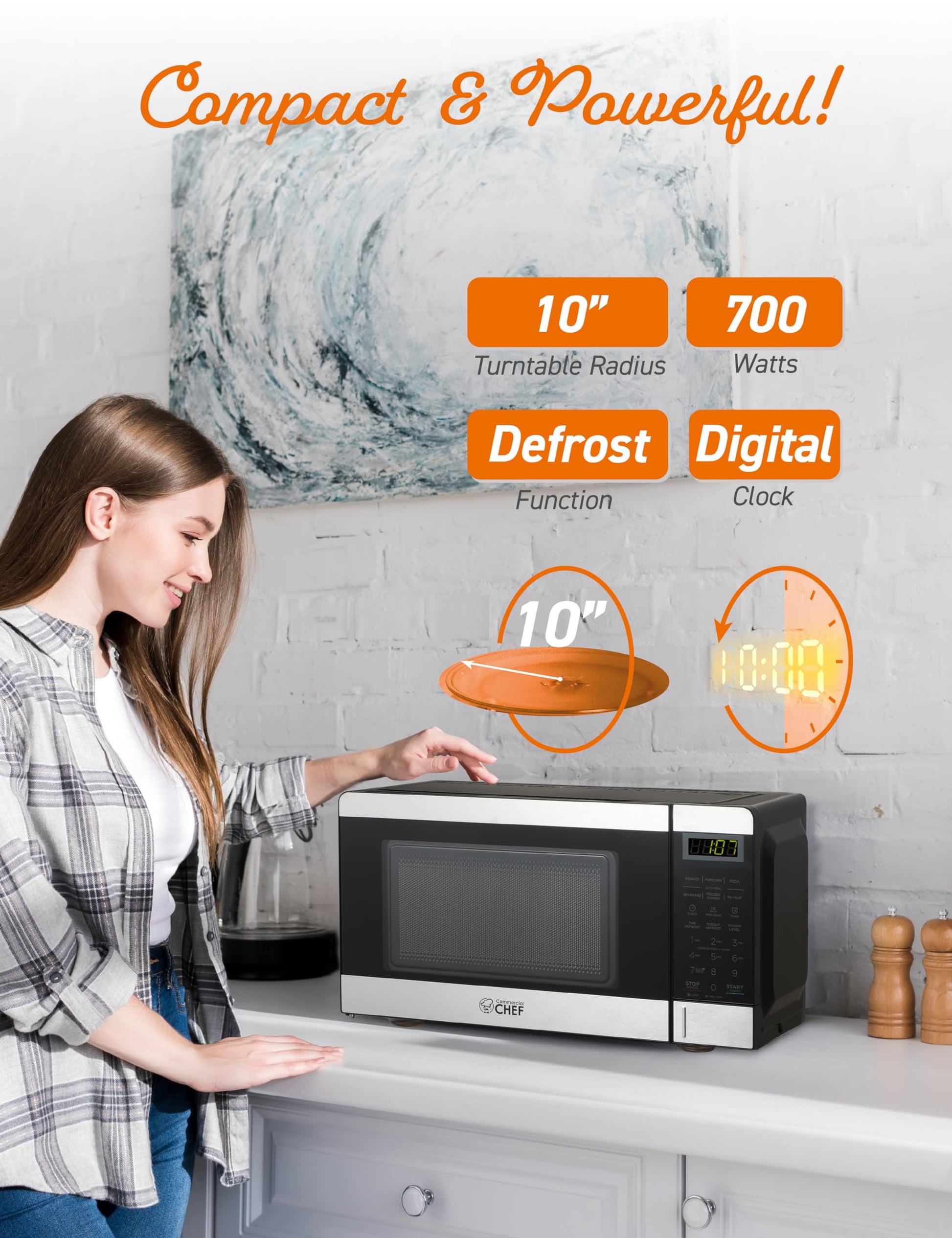 Commercial Chef CHM770SS Countertop Microwave Oven, 0.7 Cubic feet, Stainless Steel, Condition: New