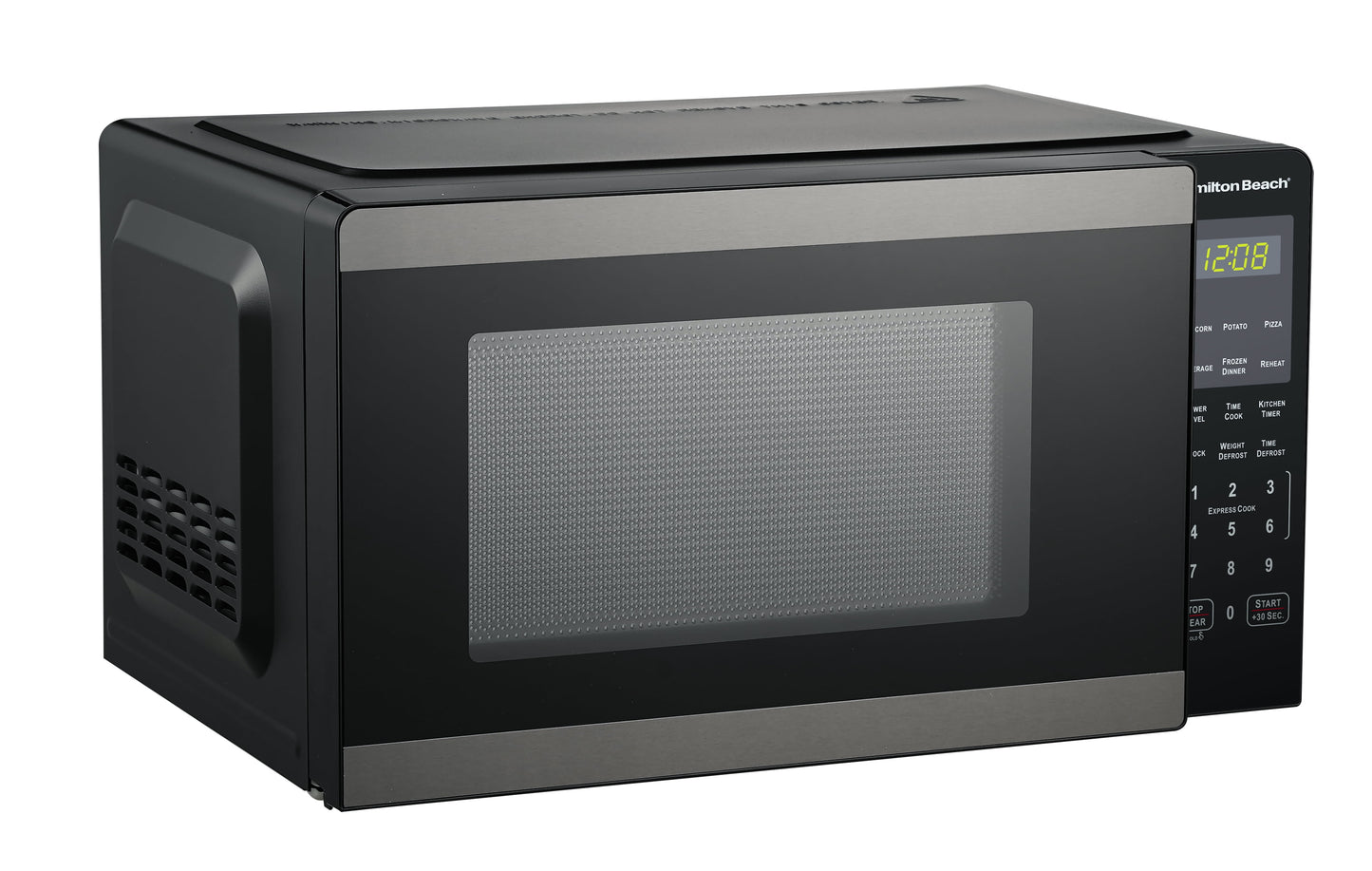 Hamilton Beach 0.9 Cu ft Countertop Microwave Oven, 900 Watts, Black Stainless Steel, New