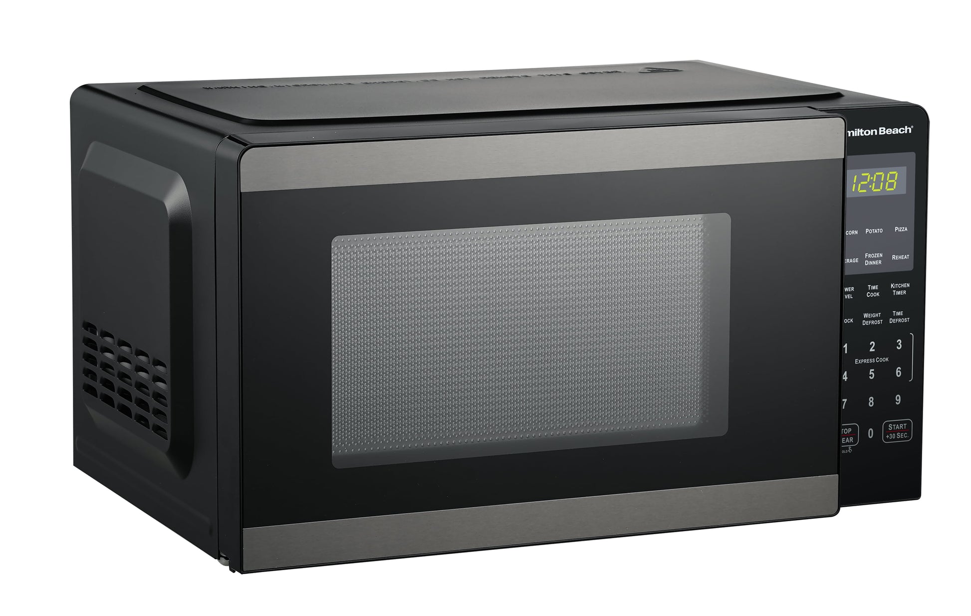 Hamilton Beach 0.9 Cu ft Countertop Microwave Oven, 900 Watts, Black Stainless Steel, New