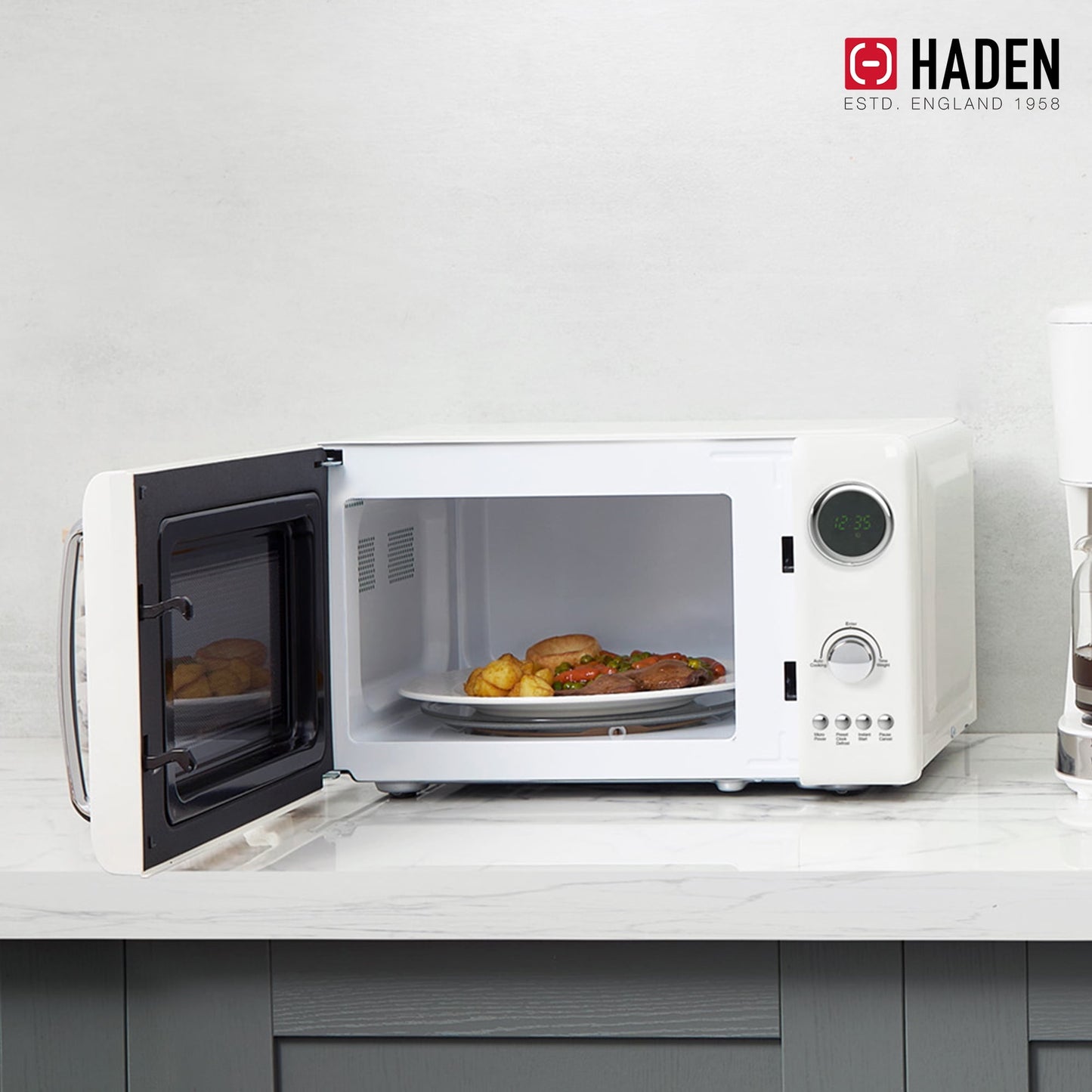 Haden 700W 0.7 Cubic Foot Microwave Oven w/ Digital Controls, Ivory/Chrome