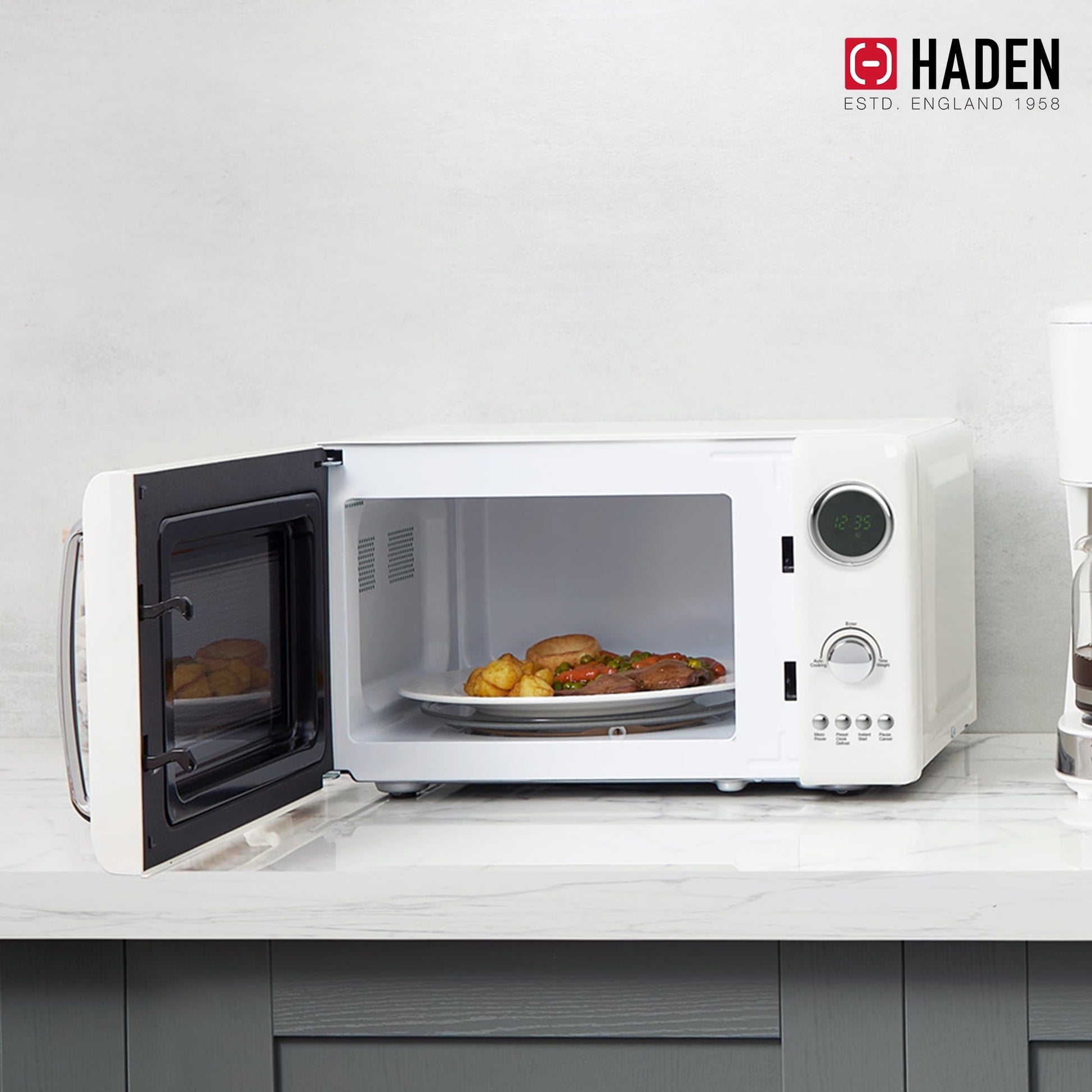Haden 700W 0.7 Cubic Foot Microwave Oven w/ Digital Controls, Ivory/Chrome