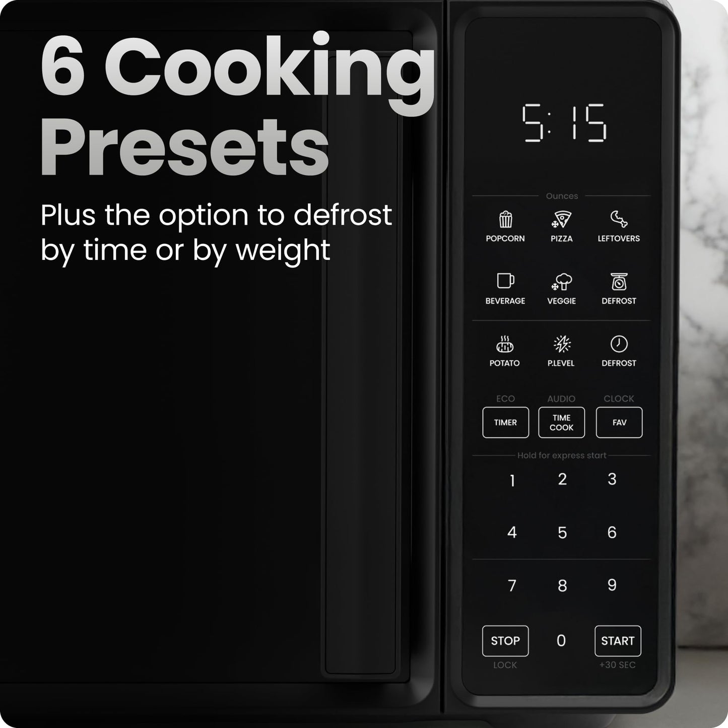 Chefman Countertop Microwave Oven 0.7 Cu. Ft., 700 Watts with 10 Power Levels, 6 Cooking Presets with One-Touch Express Cook, Eco Mode, Child Safety Lock, & Mute Button - Black C80