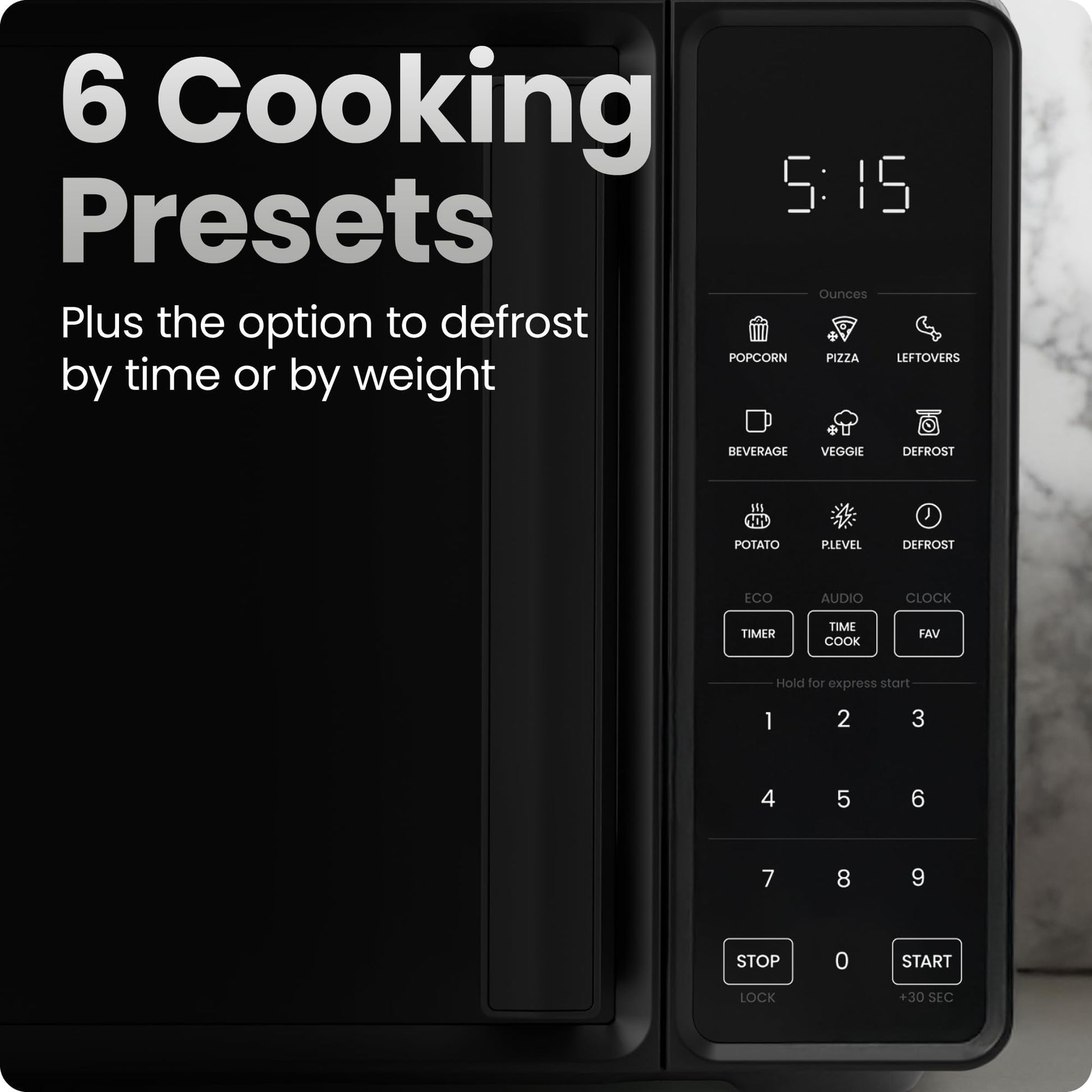 Chefman Countertop Microwave Oven 0.7 Cu. Ft., 700 Watts with 10 Power Levels, 6 Cooking Presets with One-Touch Express Cook, Eco Mode, Child Safety Lock, & Mute Button - Black C80